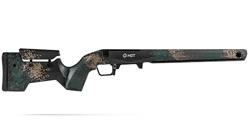 MDT CRBN Rifle Stock er lett og holdbar med magnesium chassis, ARCA rail, og M-LOK, perfekt for lange jakter og presise skudd.